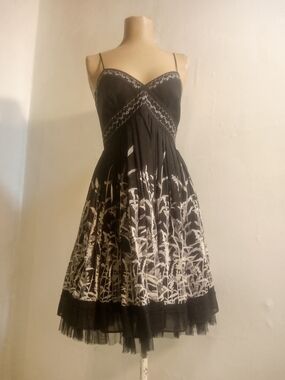 BCBGMaxAzria Black and White Floral Spaghetti-Strap Dress